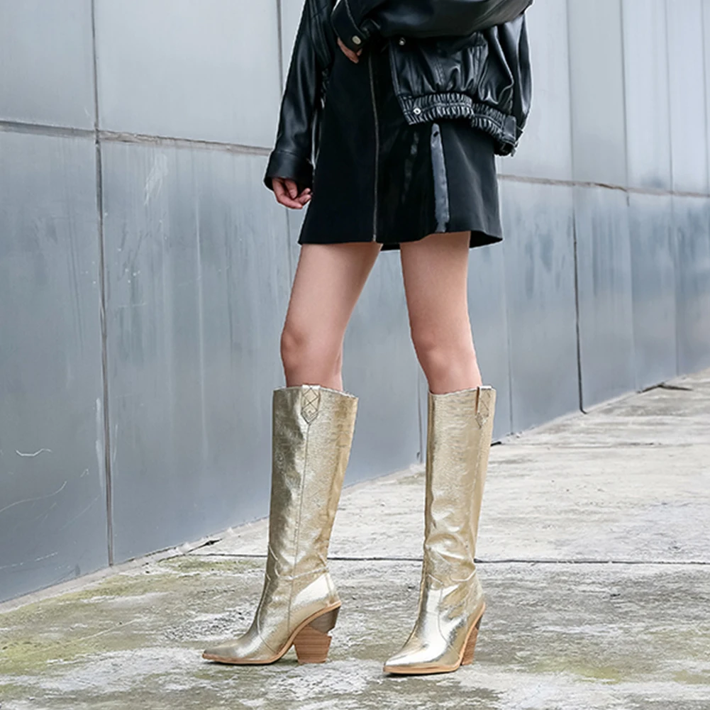 Botas/Большие размеры 33-46, модные сапоги до колена на высоком каблуке золотистого цвета женская обувь ботинки в западном стиле женская обувь на каблуке женские ботинки