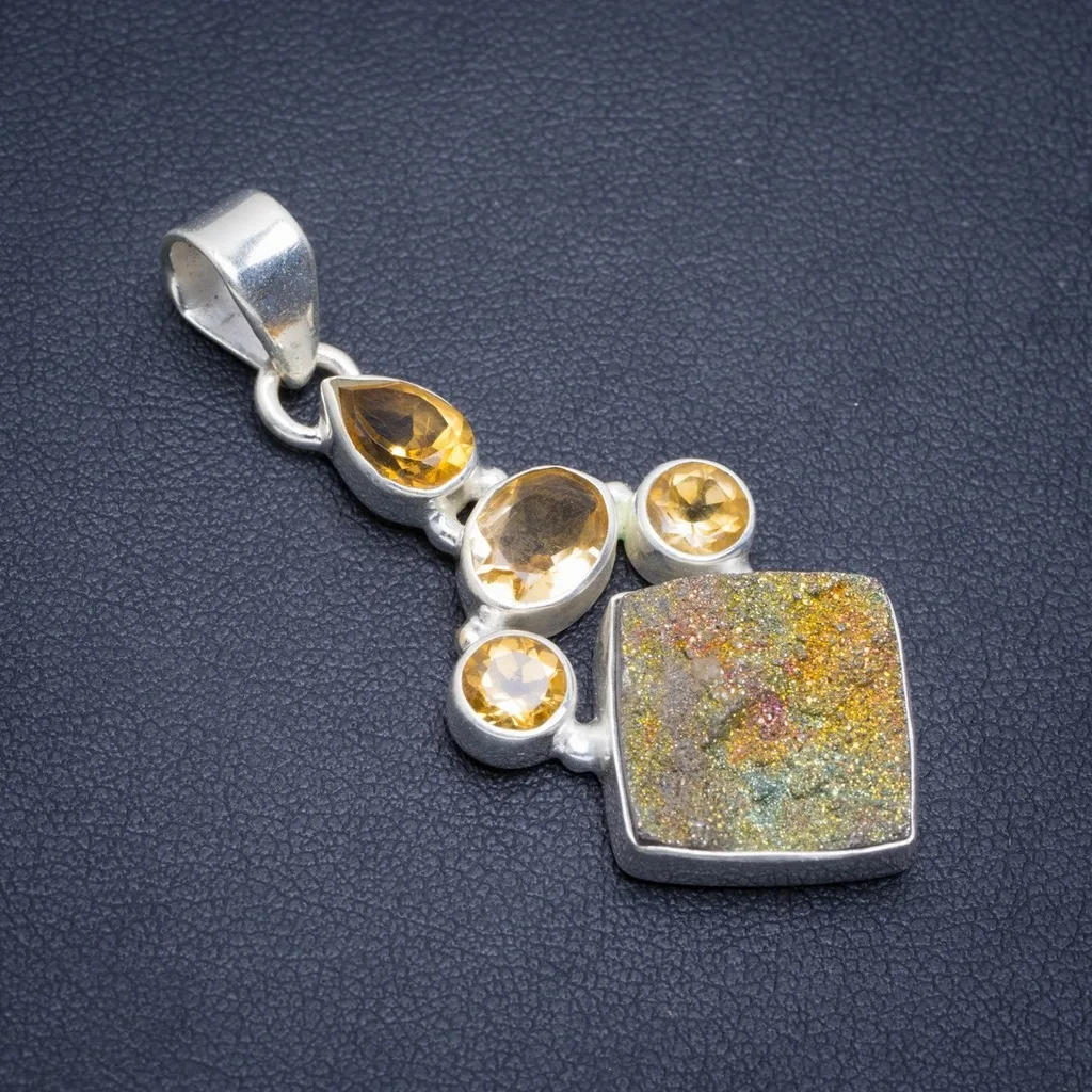 

Natural and Citrine Handmade Unique 925 Sterling Silver Pendant 1.75" A1955