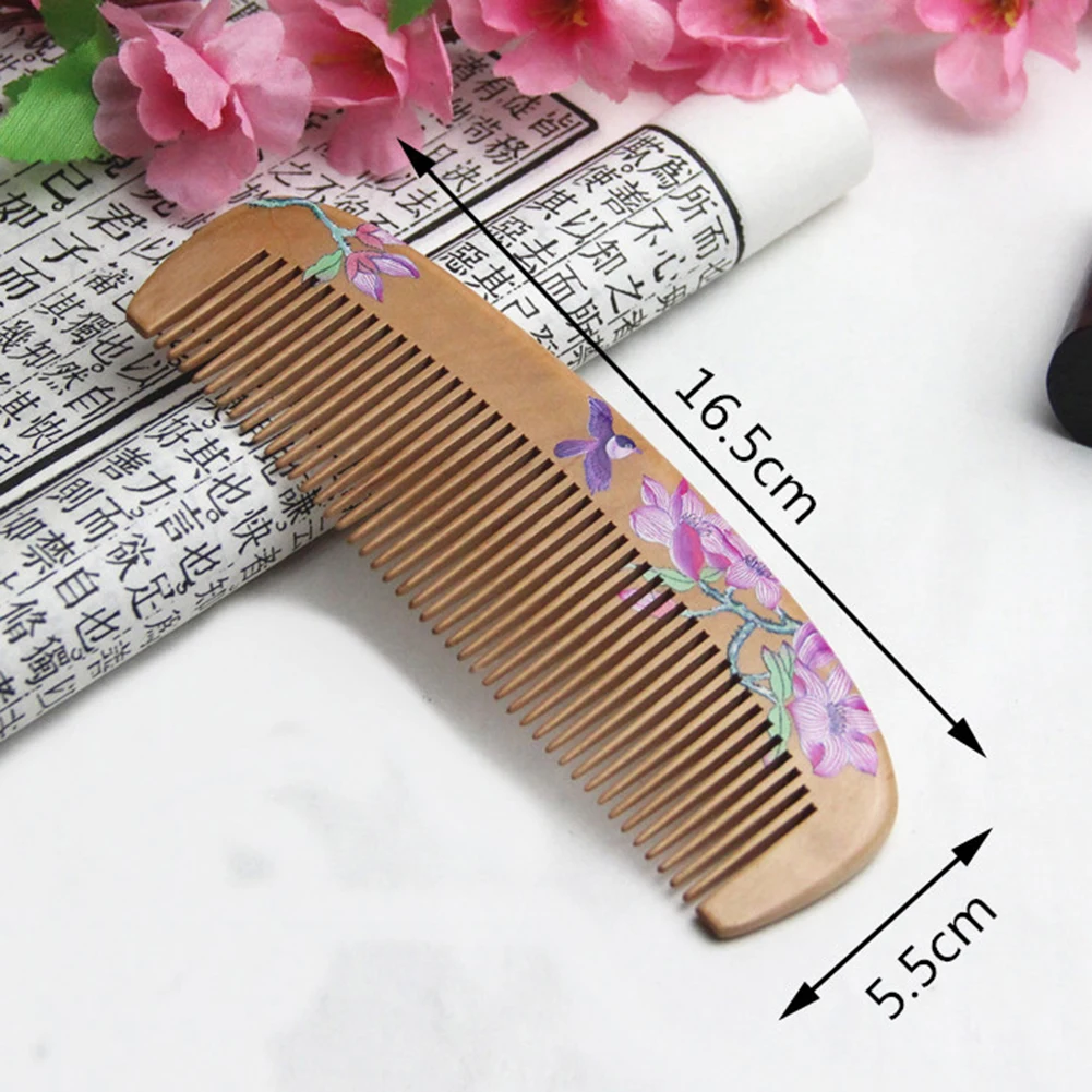 Flower Painted Chinese Peach Wood Comb  Healthy Scalp Massage Anti-Static Comb Hair Care Wooden Gift Beauty Tool 4