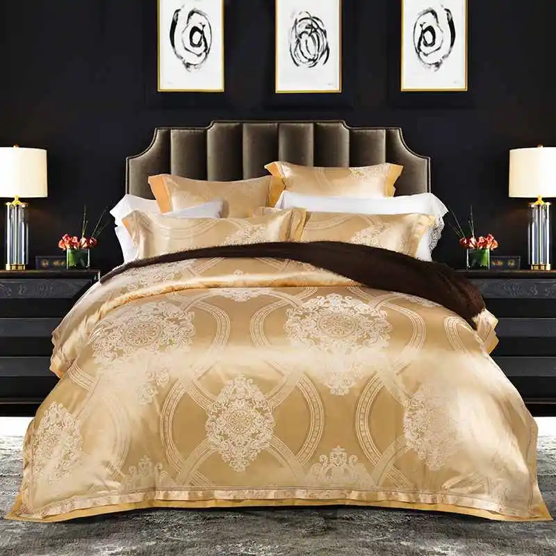 

Golden Satin Home Textile Bedding Sets Luxury Duvet Cover Set 4/6pcs Jacquard Bedclothes Bed Sheet Cotton King Queen size