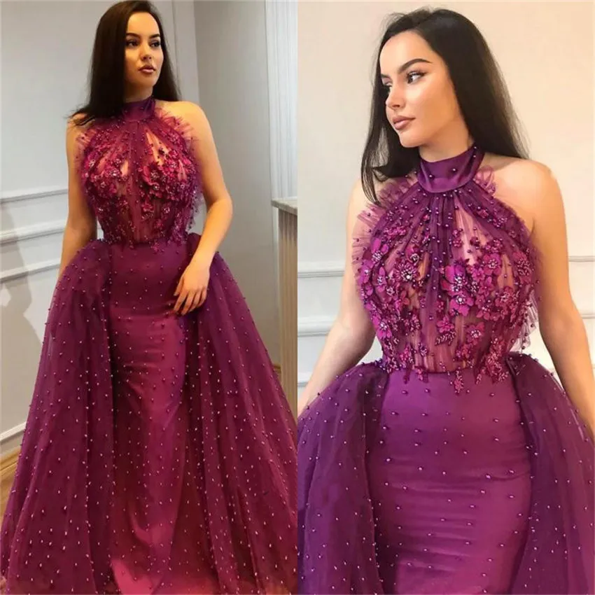 

Burgundy Arabic Evening Dresses 2019 High Neck Off The Shoulder Pearls Illusion Floor Length Mermaid Prom Gowns Custom Made