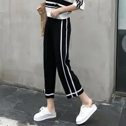 2018 Модные свободные штаны Для женщин штаны-шаровары в полоску Harajuku черный середины талии брюки штаны свободного кроя Повседневное брюки