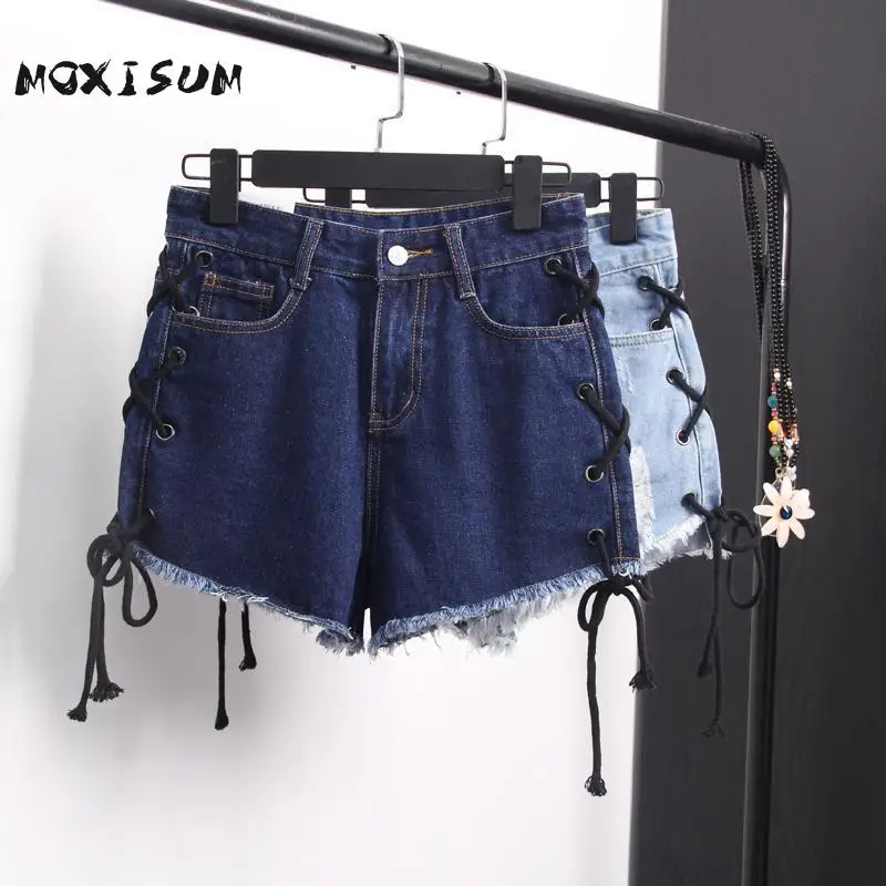 Moxisum Novelty Lace Up Shorts High Waist Hole Soild Sexy Denim Shorts Women Vintage Pole Dance