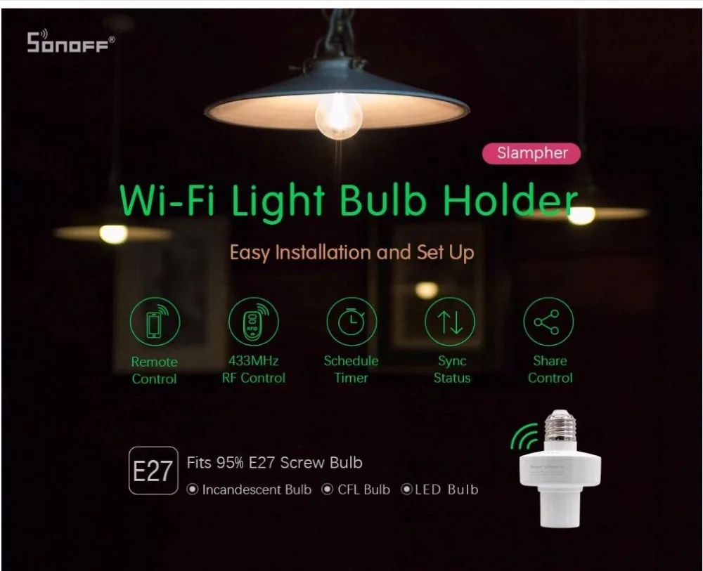 Itead Sonoff Slampher 433 МГц RF& wifi-патрон, умный свет держатель лампы для умного дома, совместимый с Alexa