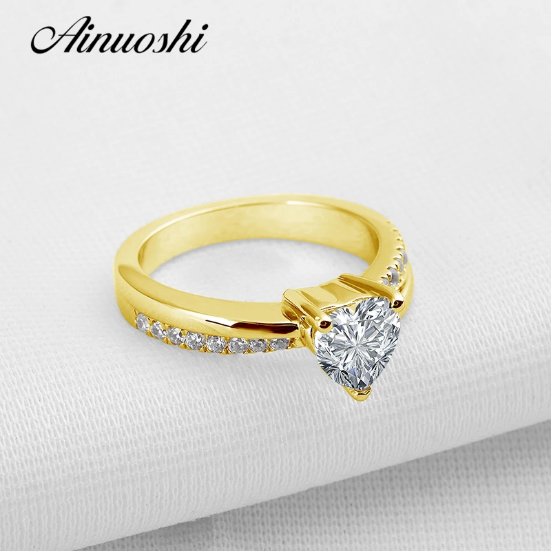 

AINUOSHI Romantic Lover Heart Promise Gold Ring 10k Pure Yellow Gold Wedding Brillant Cut Ring for Women Engagement Fine Jewelry