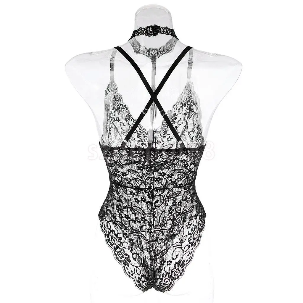 Sexy Women Lace Bodysuit One Piece Choker Teddy Lingerie Babydoll Lace Tops Red/Black