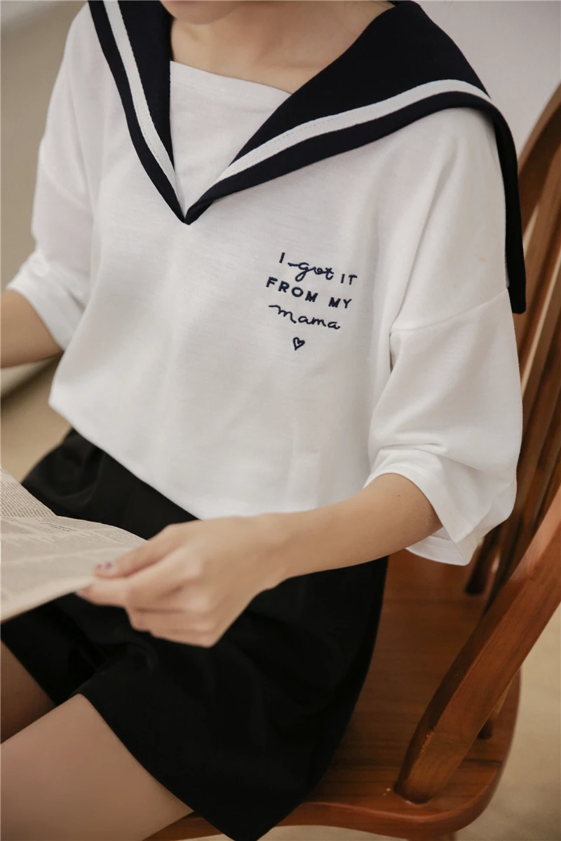 Женская футболка в японском стиле Харадзюку больших размеров с матросским воротником, белая, темно-синяя, с буквенным принтом, женская футболка в консервативном стиле, кавайные Топы
