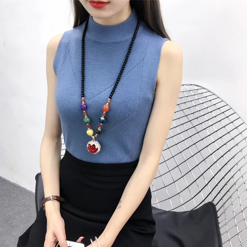 Woman Turtleneck Sleeveless Vest Female Stretch Knit Shirt