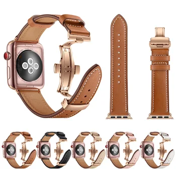 

High quality Leather Band for Apple Watch Series 4 44mm 40mm Rose gold Butterfly clasp Strap watchband for iWatch 3/2/ 42mm 38mm