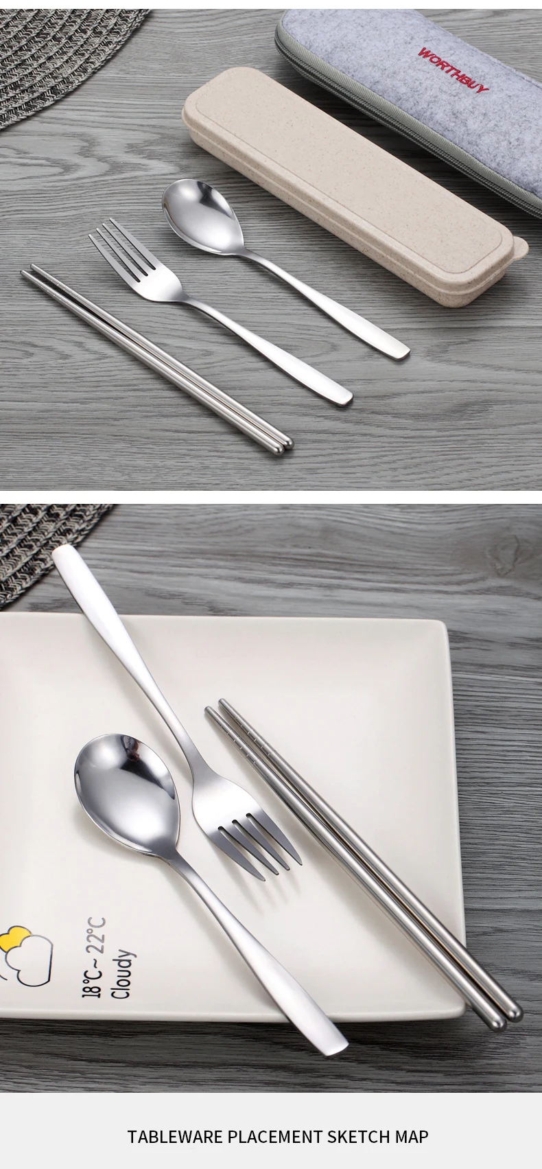 WORTHBUY Portable Dinnerware Set Stainless Steel Cutlery With Wheat Straw Handle Tableware Set For Kids School Dinner Set