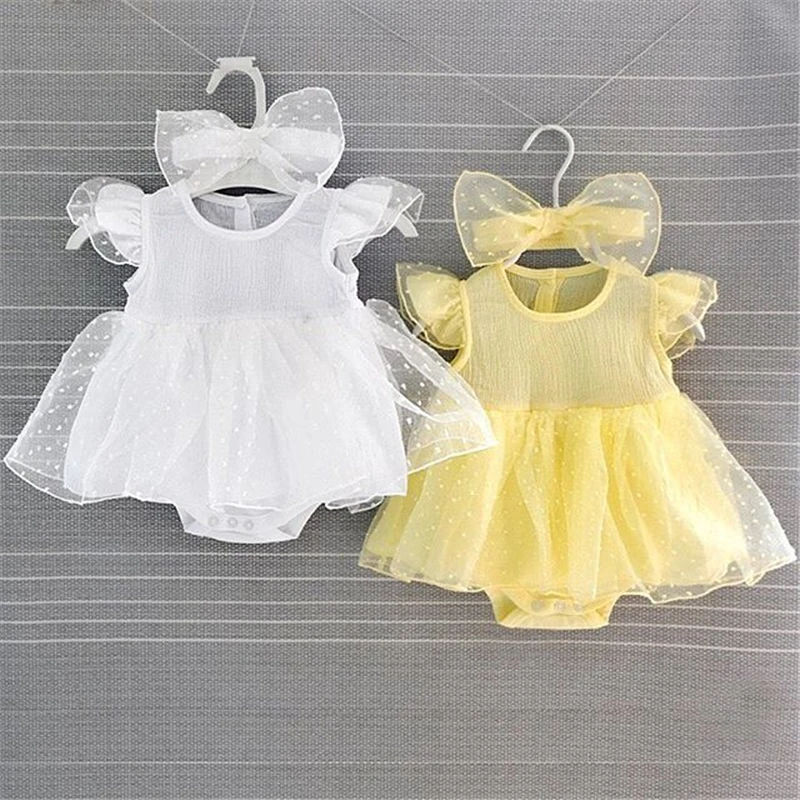 

2019 Summer Lovely Newborn Kids Baby Girls Clothes Fly Sleeve Tulle Bodysuit Jumpsuit Dress+Bow Knot Headband Set