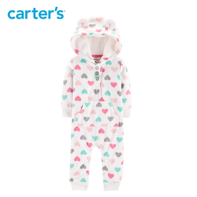 Carters heart hooded fleece jumpsuit baby girls rompers cute ears hooded long sleeve autumn