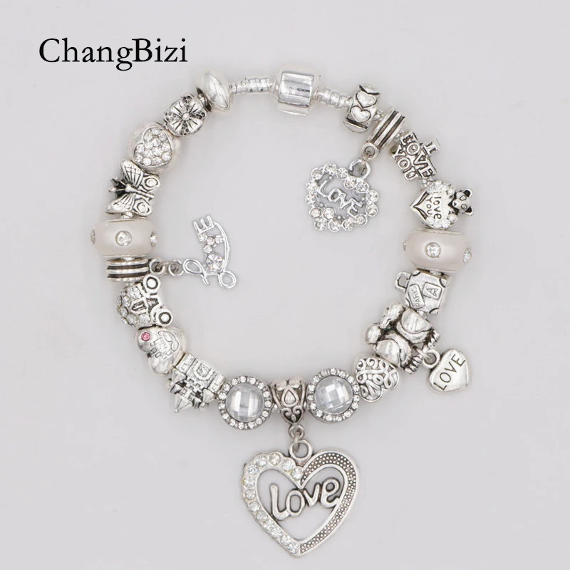 

ChangBizi Three Love Pendant LOVE Heart White Crystal/Glass Beads Charm Pandora Bracelets & Bangle Jewelry For Wife/lover BT0317