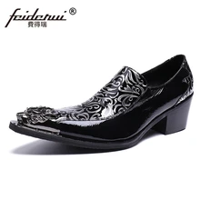 Плюс Размеры черный Роскошные острый носок скольжения на мужской Лоферы для женщин Лакированная кожа Высокие каблуки взлетно-посадочной полосы клуба вечерние Мужская обувь для мужчин SL16