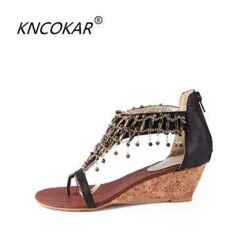 

National wind restoring ancient ways is han edition female tassel pendant thong sandals wedge heels shoes Bohemia Roman shoes