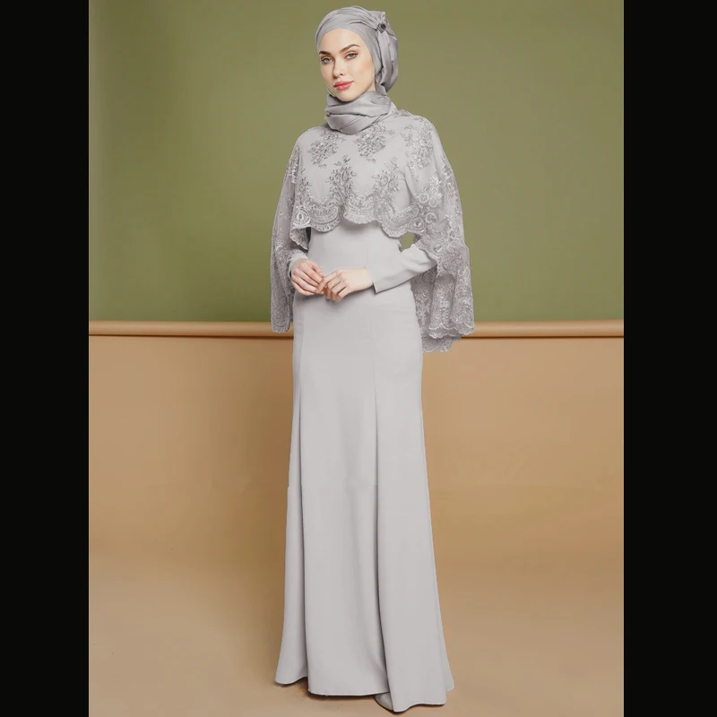 Плюс Размеры мусульманские платья арабские платья ОАЭ Абаи мусульманин Кафтан Для женщин вечерние комплект из двух предметов с кружевной шалью и хиджаб платье Дубай турецкий исламская Костюмы