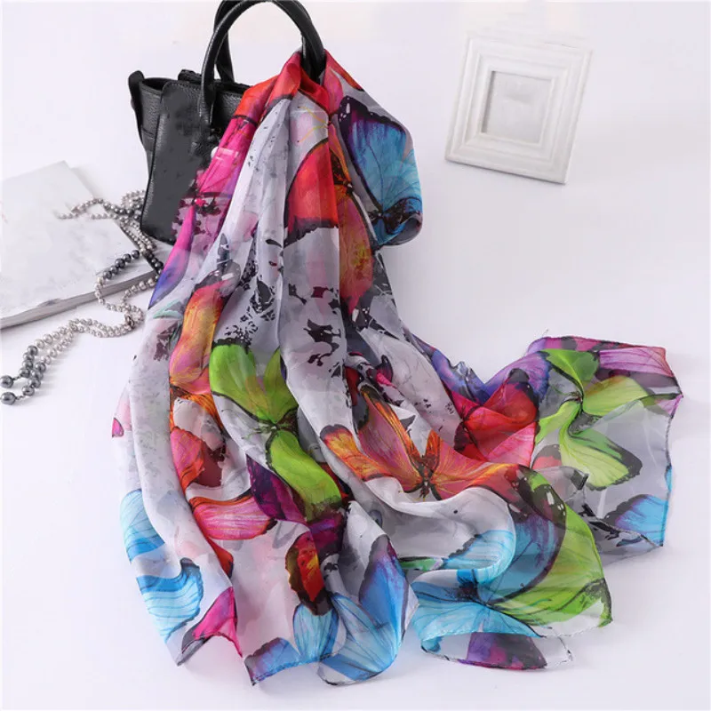 Woman scarf Neckerchief faux silk shawl print Elegant Ladies bag scarf Boho large Soft Wrap Beach shawls green red yellow