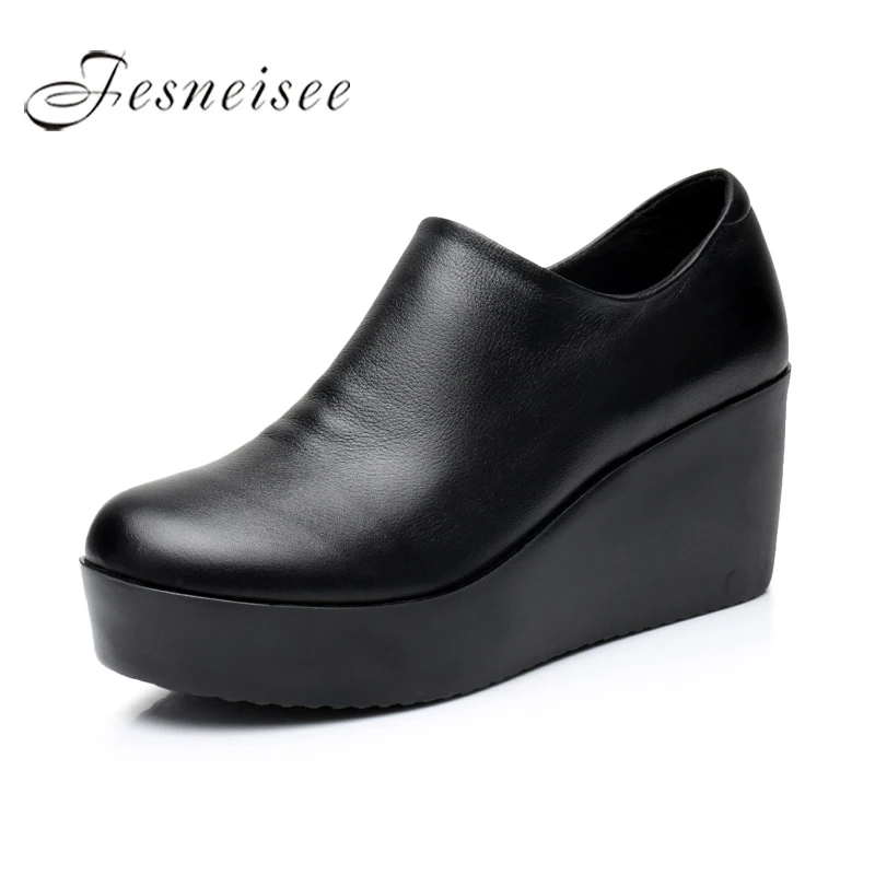 

2019 Genuine Leather Wedges Women Shoes Spring Autumn Slip-On High Heels Pumps Round Toe Casual Ladies Platform Shoes Woman