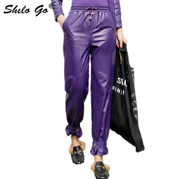 

Streetwear Leather Pants Womens Lace Up Elastic High Waist Sheepskin Genuine Leather Harem Pants Belt Ruffles Female Capris