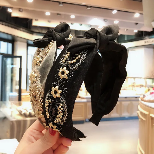 

2019 New Fashion Beads Knot Hairbands Headbands for Women Girls Fabric Floral embroidered Hairband Wide Hair Band Accessories