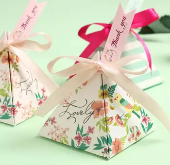 

50pcs Creative Triangular Pyramid Bird Leaves Candy Box Wedding Favors Party Bomboniera Thanks Gift Box Chocolate Box
