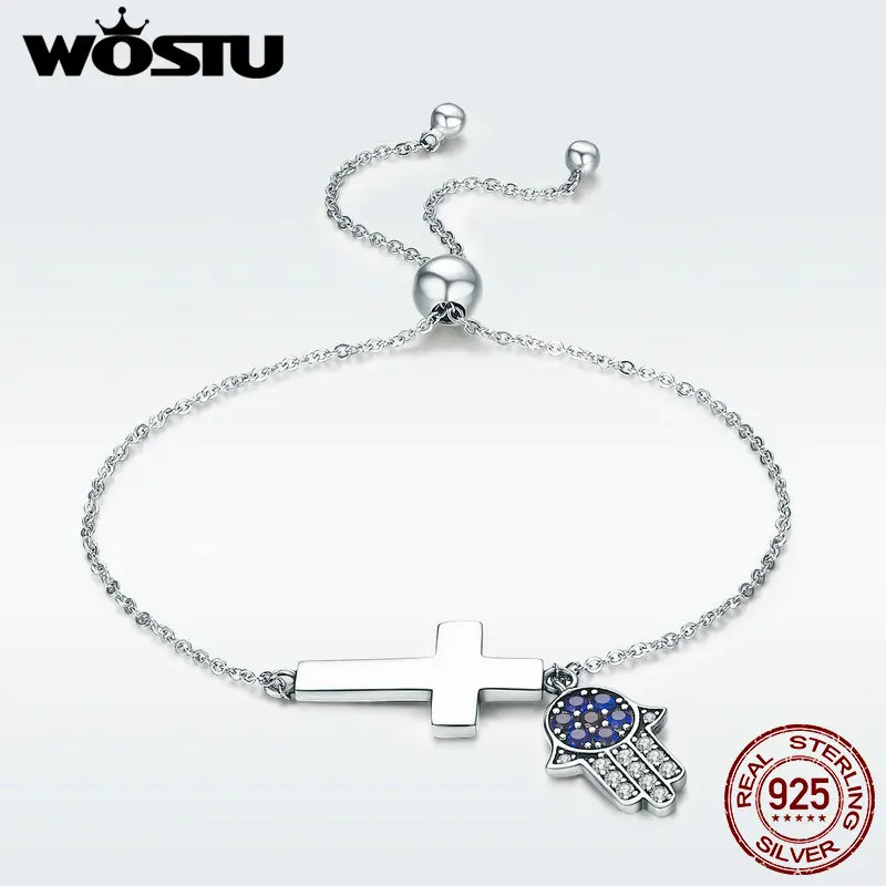 WOSTU, натуральная 925 пробы, серебряный, Хамса, рука, глаз, крест, цепочка, браслет для женщин, хорошее ювелирное изделие, подарок на удачу, DXB028
