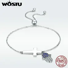 WOSTU, натуральная 925 пробы, серебряный, Хамса, рука, глаз, крест, цепочка, браслет для женщин, хорошее ювелирное изделие, подарок на удачу, DXB028