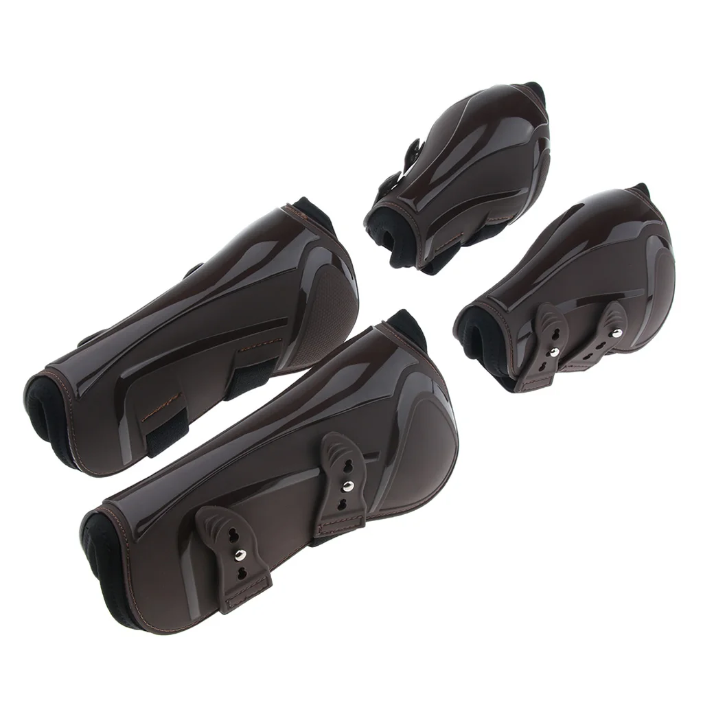 4 Pieces Horse Tendon and Fetlock Boot Set, Equestrian Front Hind Legs Protection - PU and Neoprene, Adjustable