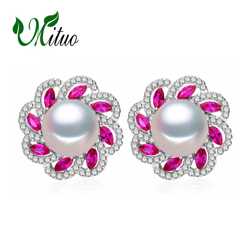 

MITUO pearl jewelry pearl ruby earrings bohemia pearl earrings for women 925 sterling silver new-gothic trendy Stud Earrings