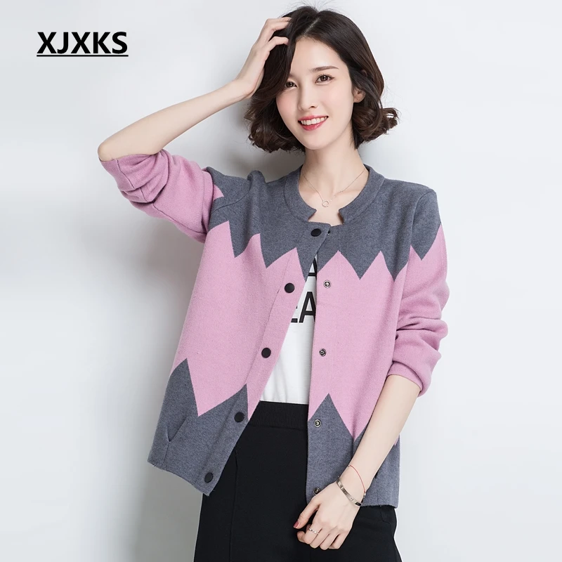 

XJXKS New Spring And Autumn Women's Geometry Knit Sweater Coat Fashion Cardigan Female Wool Sweaters Free Shipping
