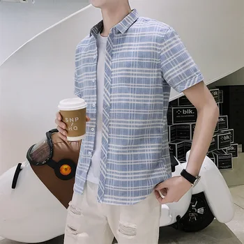 

Short-sleeved men's Plaid shirt, Japanese style, retro summer Korean style, handsome and thin shirt