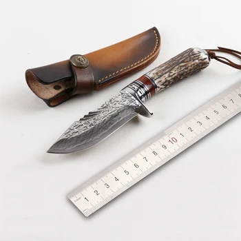 Free shipping Damascus straight knife sharp outdoor camping tool with antlers handle knife Straight knife 1piece damascus steel knife blanks gift collection straight knife tea knife blanks tea tools needle