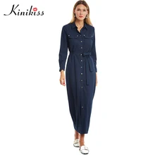 Kinikiss maxi summer dress 2017 solid women navy long sleeve lace up pocket button office dress fashion spring female maxi dress