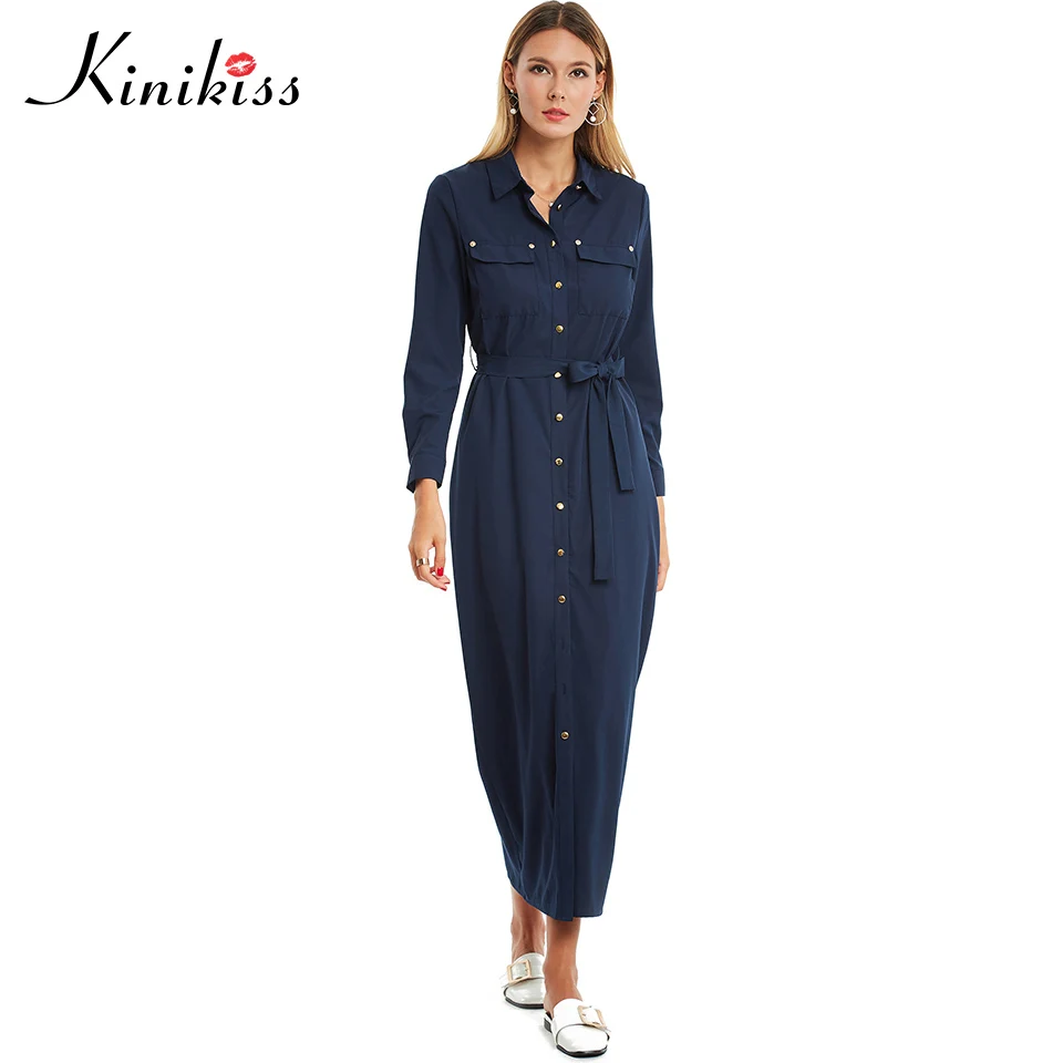 Kinikiss Maxi Summer Dress 2017 Solid Women Navy Long Sleeve Lace Up Pocket Button Office Dress