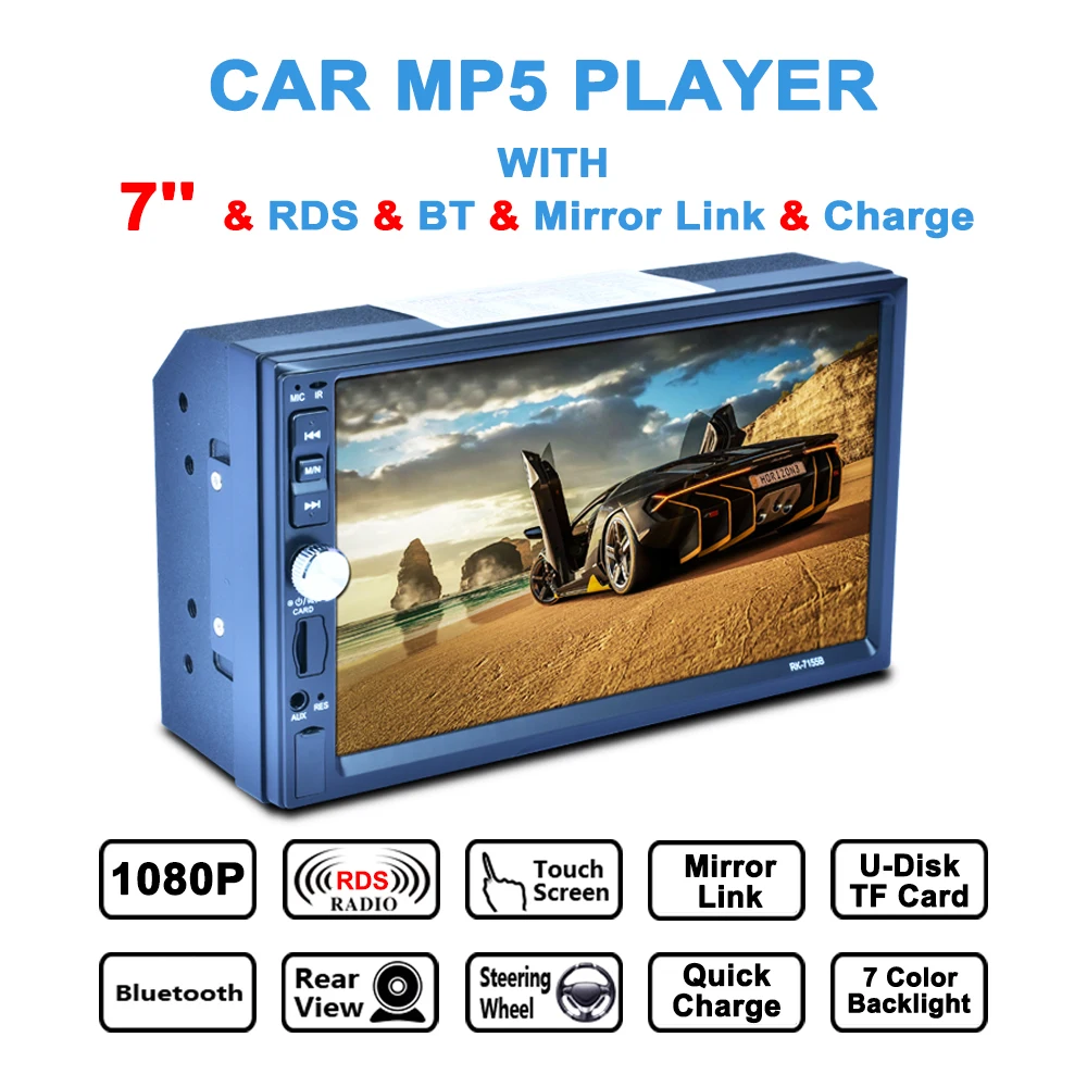 

7 Inch 12V 4 x 50W 2 Din Bluetooth Auto Multimedia Car Stereo MP5 Player AM / FM / RDS Radio Support Aux In / Rear View Camera