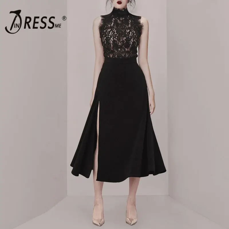 INDRESSME New Two-piece Set Lace Sleeveless Top With Midi Skirt Slit Black
