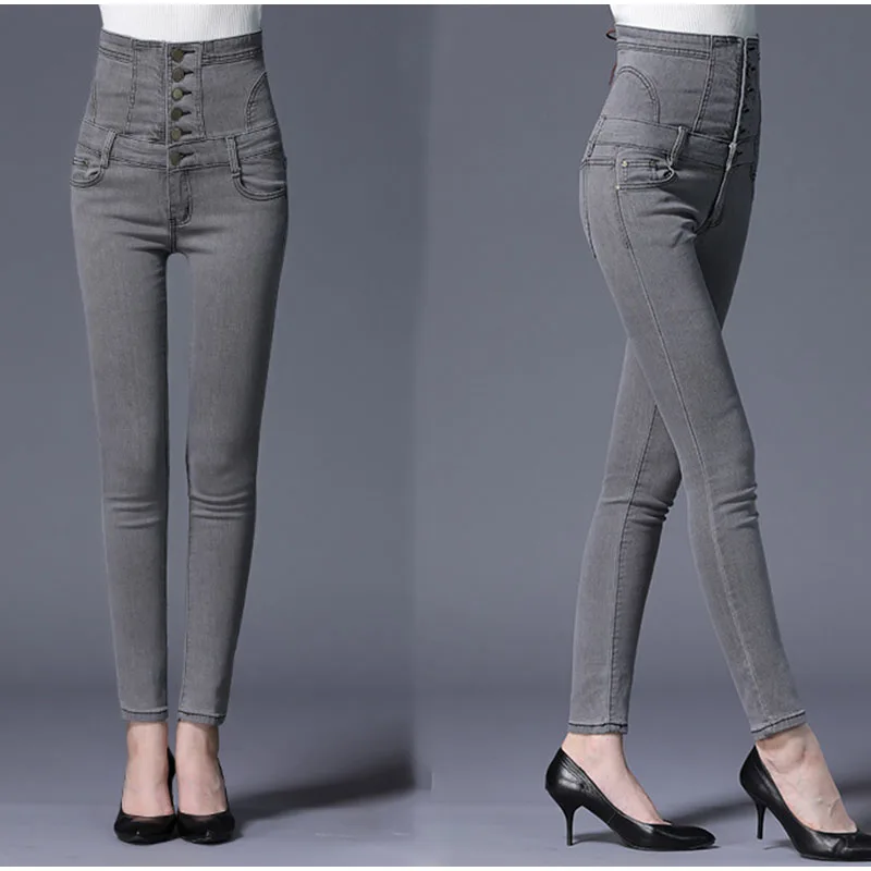 Плюс размеры высокая посадка на пуговице до тощий карандаш джинсы для женщин 4Xl 5Xl пикантные для весна сзади кружево Slim Fit светло серый