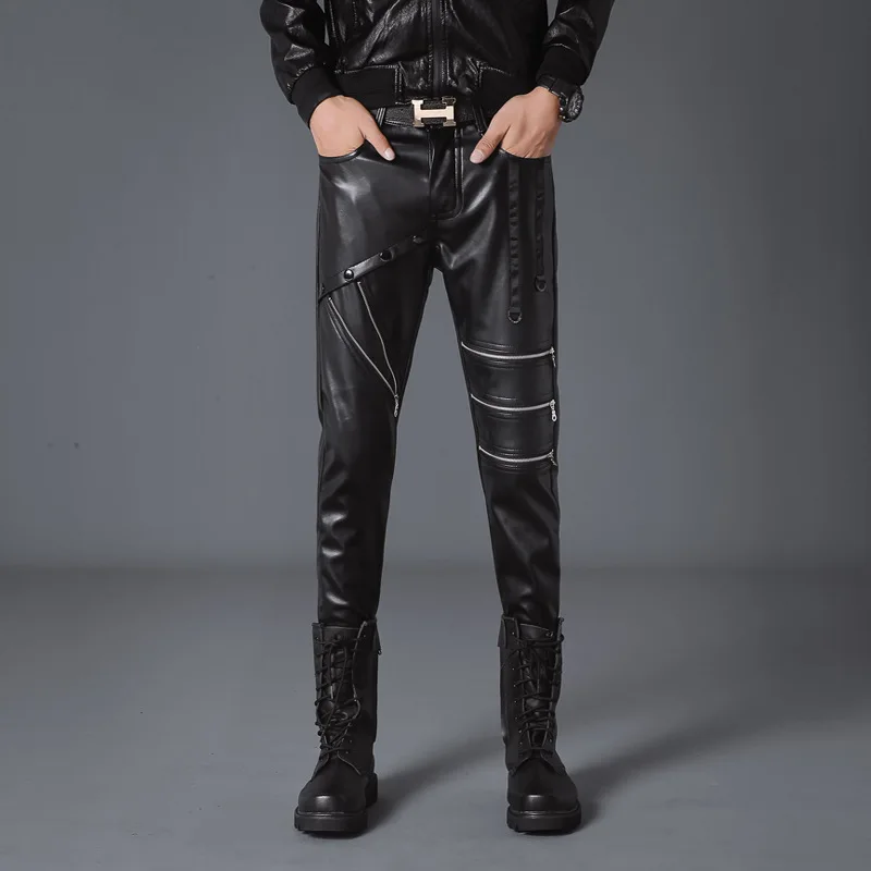 Для мужчин модные панк Мотобрюки мужской PU кожа локомотив Брюки для девочек рок шоу на сцене костюмы Для мужчин Slim Fit Повседневное кожаные штаны - Цвет: Черный