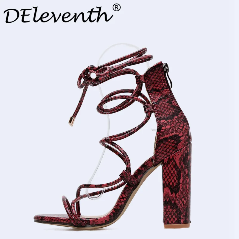 

DEleventh 2018 Womens Serpentine Block Heels Sandals Pumps Lace Up Chunky Sandals Thick Heel Woman Summer Ladies Party Shoes 40