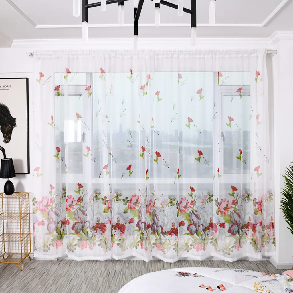 2pcs Peony Flower Print Curtain Tulle Window Treatment Drape Valance Simple Curtain Wear Rod Model 100x200cm L703