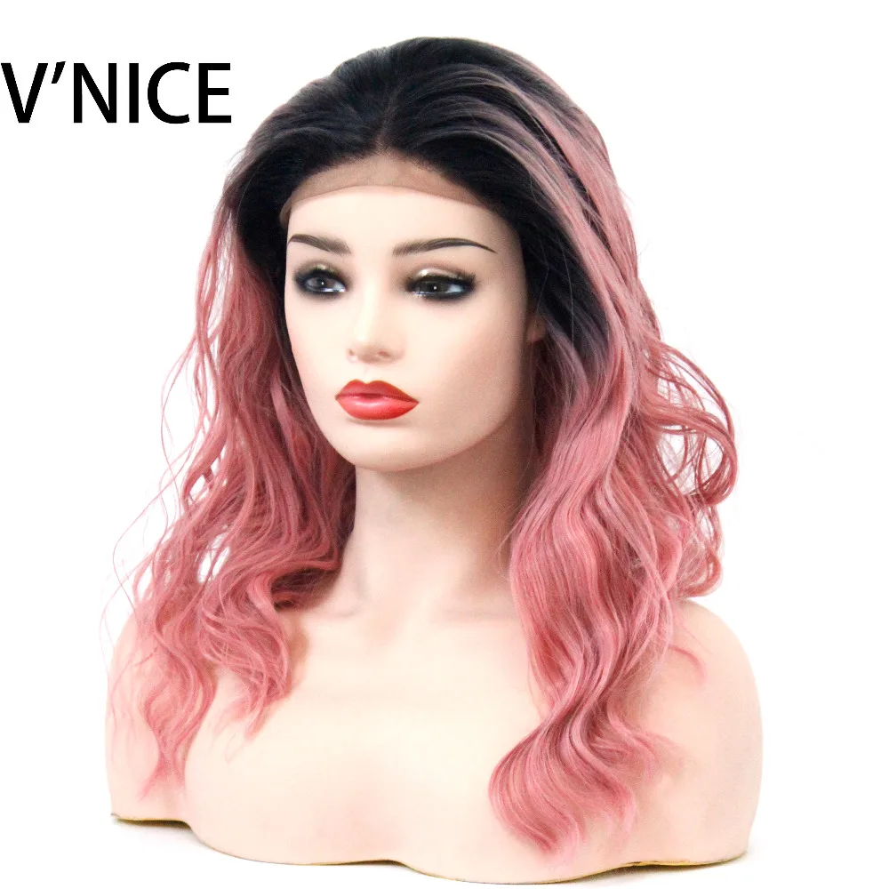 

VNICE Peach Color Short Bob Synthetic Lace Front Wig Pastel Pink Ombre Black Roots Water Wave Heat Resistant Fiber Women Wig