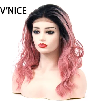 

VNICE Peach Color Short Bob Synthetic Lace Front Wig Pastel Pink Ombre Black Roots Water Wave Heat Resistant Fiber Women Wig