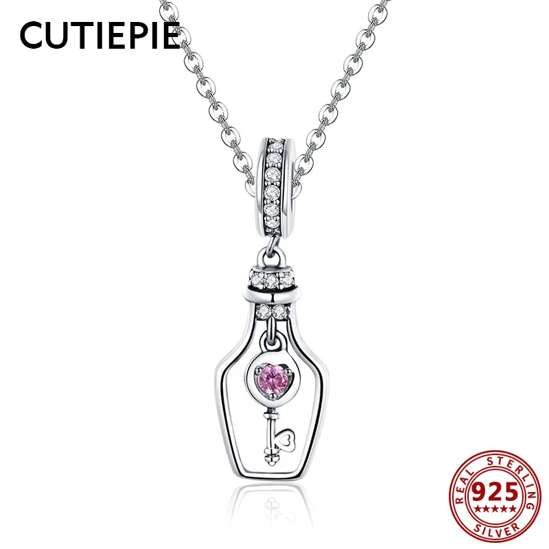 

CUTIEPIE Trendy Real 925 Sterling Silver Heart Key In Bottle Charms Pendant Necklaces Silver Sterling Jewelry for Women Gifts