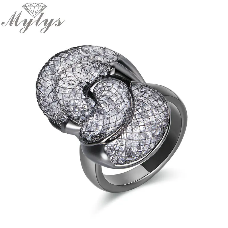 

Mytys Original Design Brand Rings Black Color Wire Mesh Net Filled Crystal Ring for Women Fashion Trendy Big Rings R1874