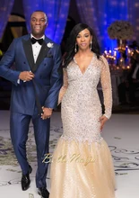 Vestido Festa Plus Size Mermaid Deep V Neck Women Party Gowns For Wedding African Champagne Prom Dresses With Sheer Long Sleeves