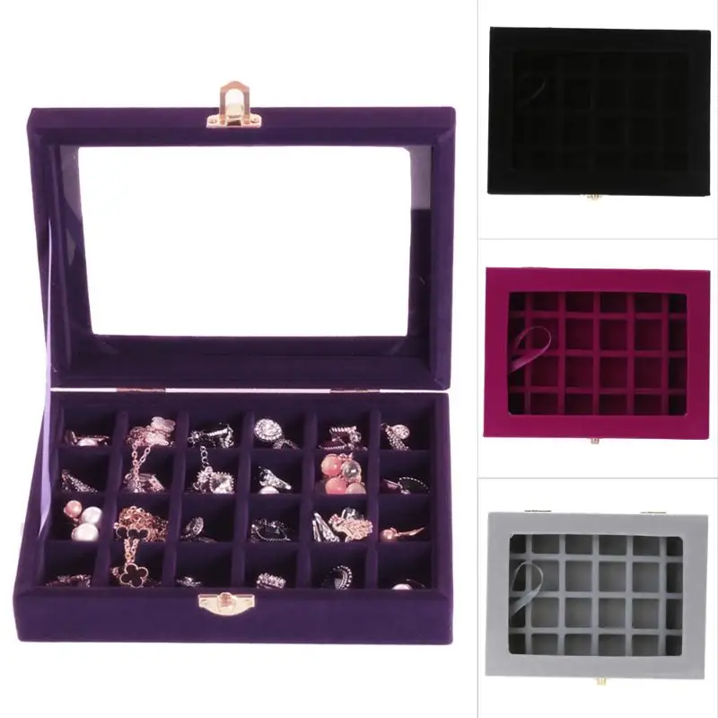 

12/24 Grid Ring Ear Studs Jewelry Storage Display Box 20x15 x 4.5cm Sueded Wedding Jewelry Case Holder Storage Organizer 2019