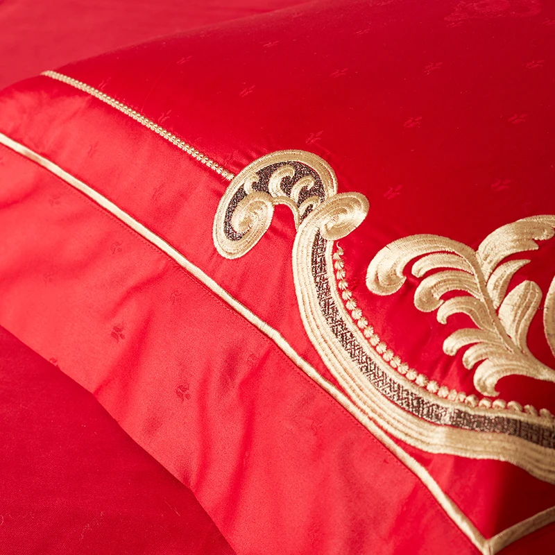 Flash Deal 1000 Thread Count Red 100% Cotton Wedding 4 Piece Bedding Set Euro Baroque Gold Embroidery Bed Linens Queen King Size Bed Set 4