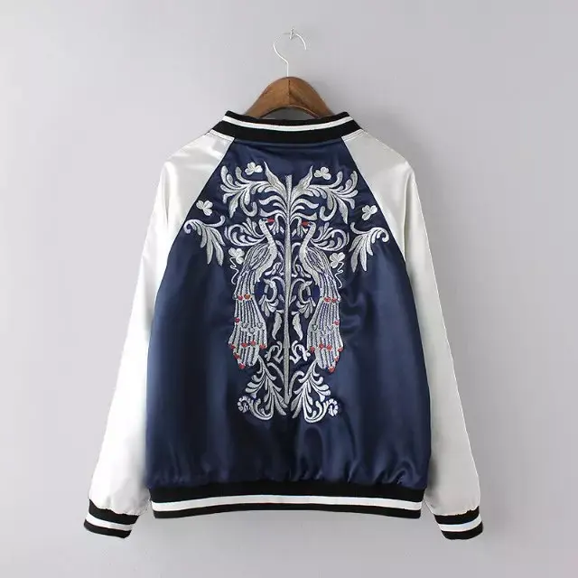 

2016 Spring Women Blue White Casual Bomber Embroideried Jacket Reversible Coats Waterproof Baseball Jackets For School