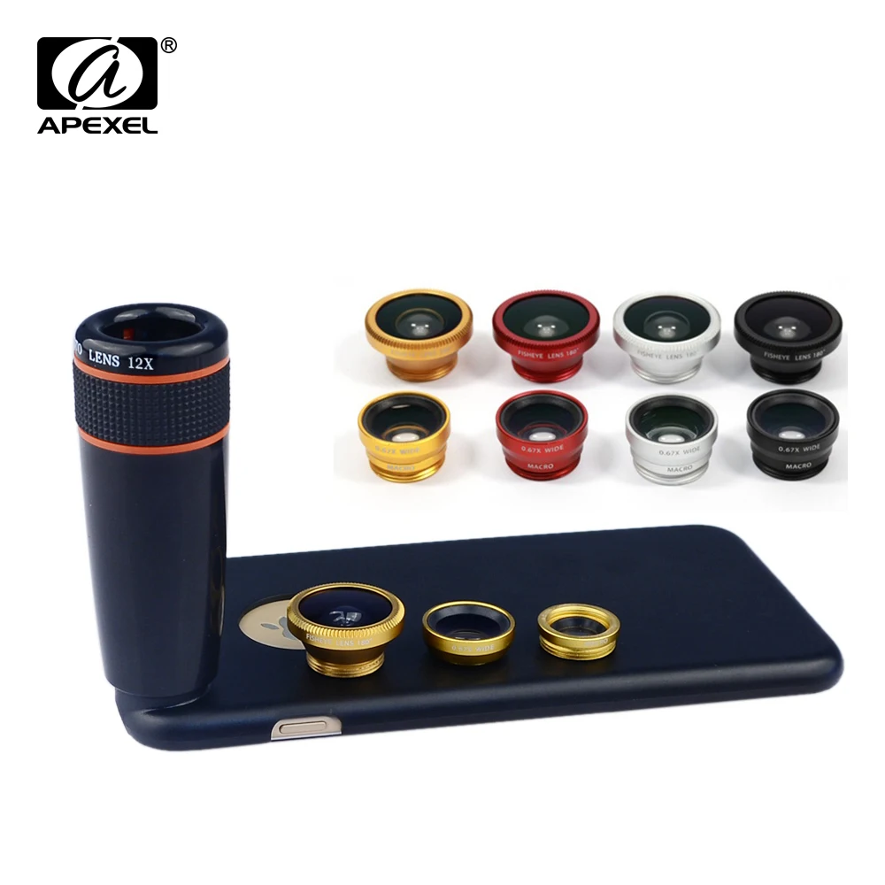 imágenes para Apexel 4 en 1 fisheye + gran angular y macro para iphone 6 s plus12x teleobjetivo zoom kit con estuche para iphone 6 6 s APL-12X85 imágenes para Apexel 4 en 1 fisheye + gran angular y macro para iphone 6 s plus12x teleobjetivo zoom kit con estuche para iphone 6 6 s APL-12X85