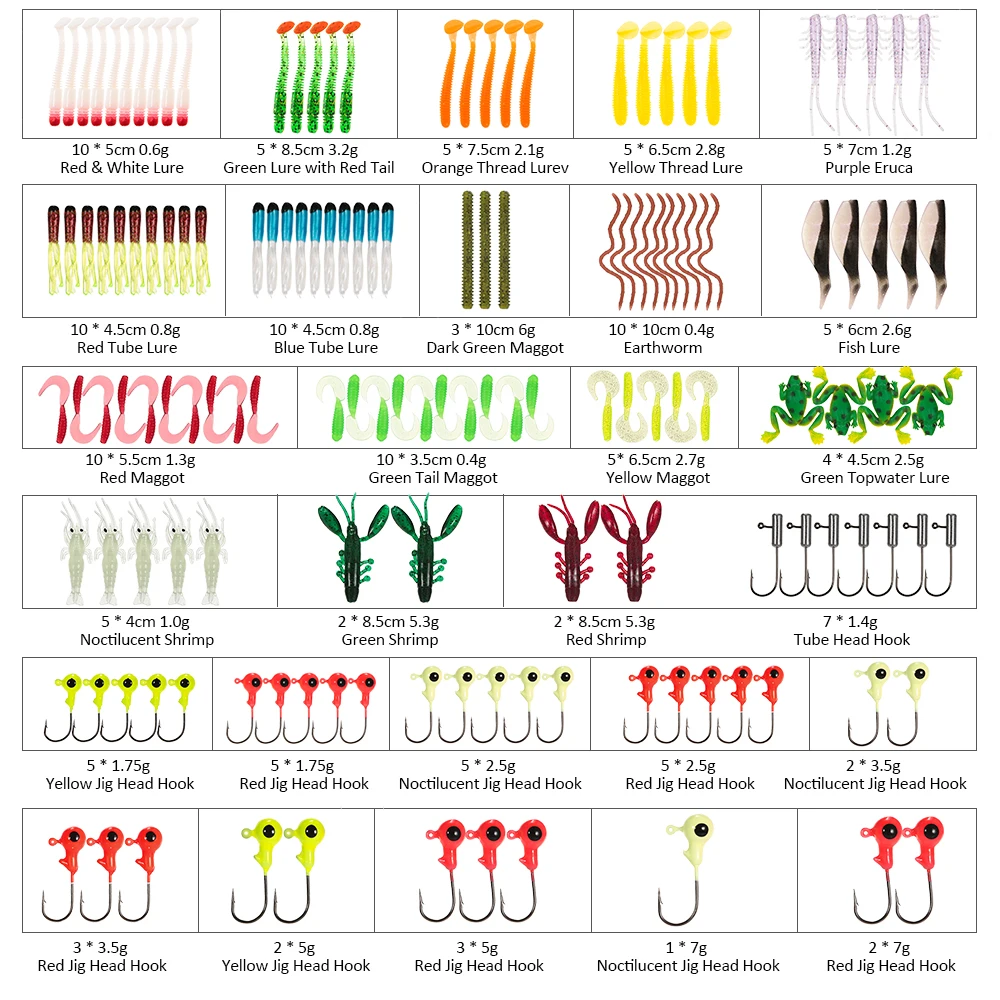 Lixada 146PCS Fishing Lures Set Tackle Mixed Soft Baits Fishing Lures Jig Head Hooks Fishing Accessories Kit with Storage Box